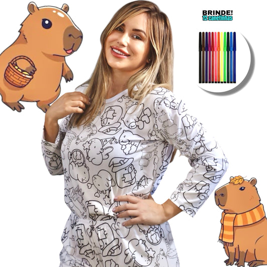 Pijama Adulto Manga Longa Capivara Unissex