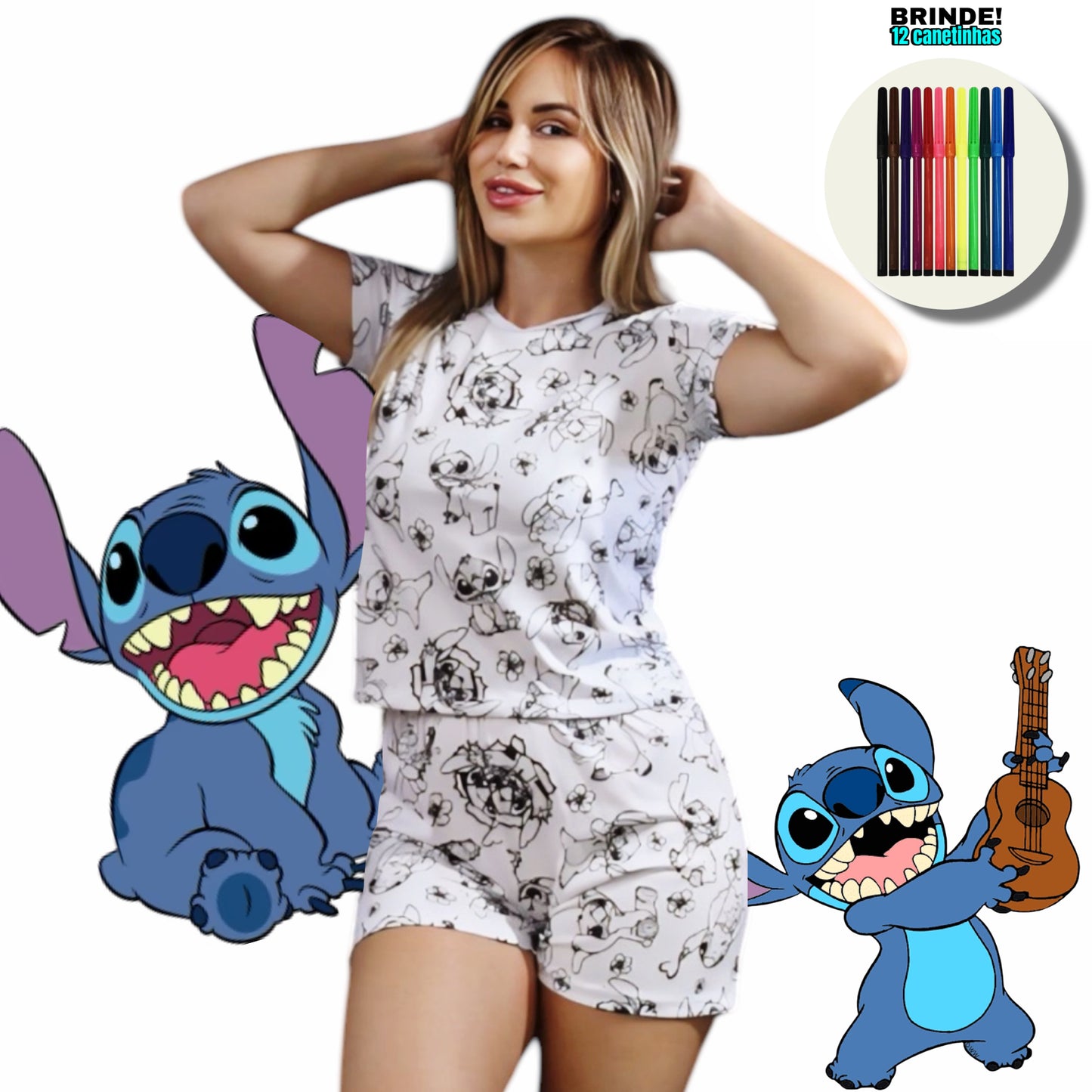 Pijama Adulto Manga Curta Stitch Unissex
