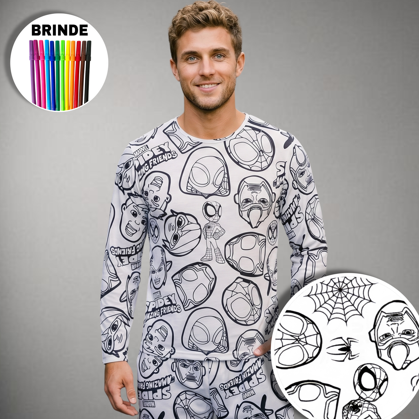 Pijama Adulto Manga Longa Spiderman Unissex