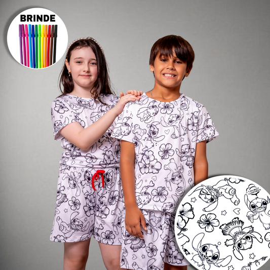 Pijama Infantil Manga Curta Stitch Unissex