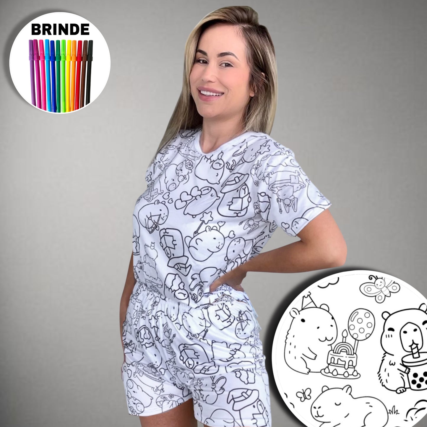 Pijama Adulto Manga Curta Capivara Unissex