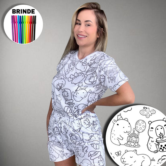 Pijama Adulto Manga Curta Capivara Unissex