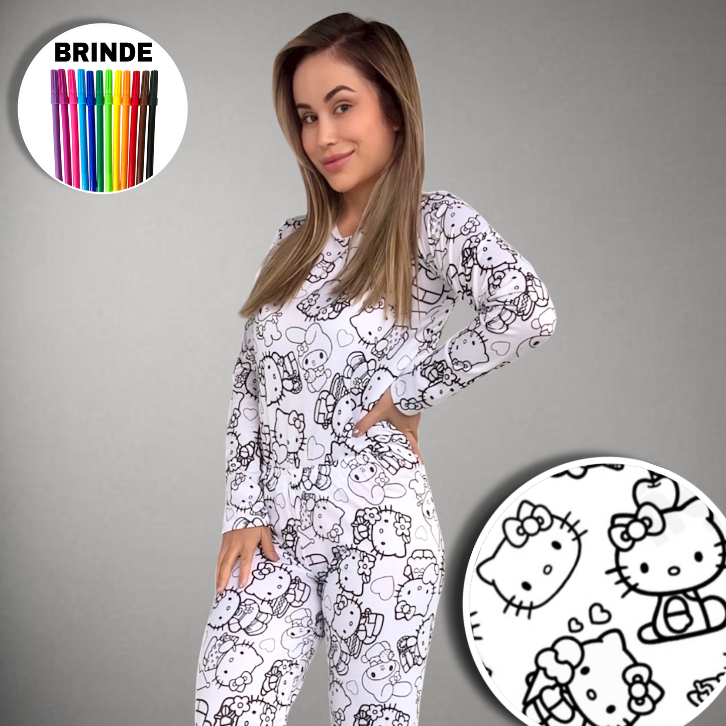 Pijama Adulto Manga Longa Hello Kitty Unissex