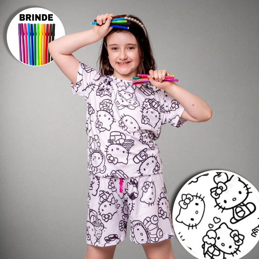Pijama Infantil Manga Curta Hello Kitty Unissex