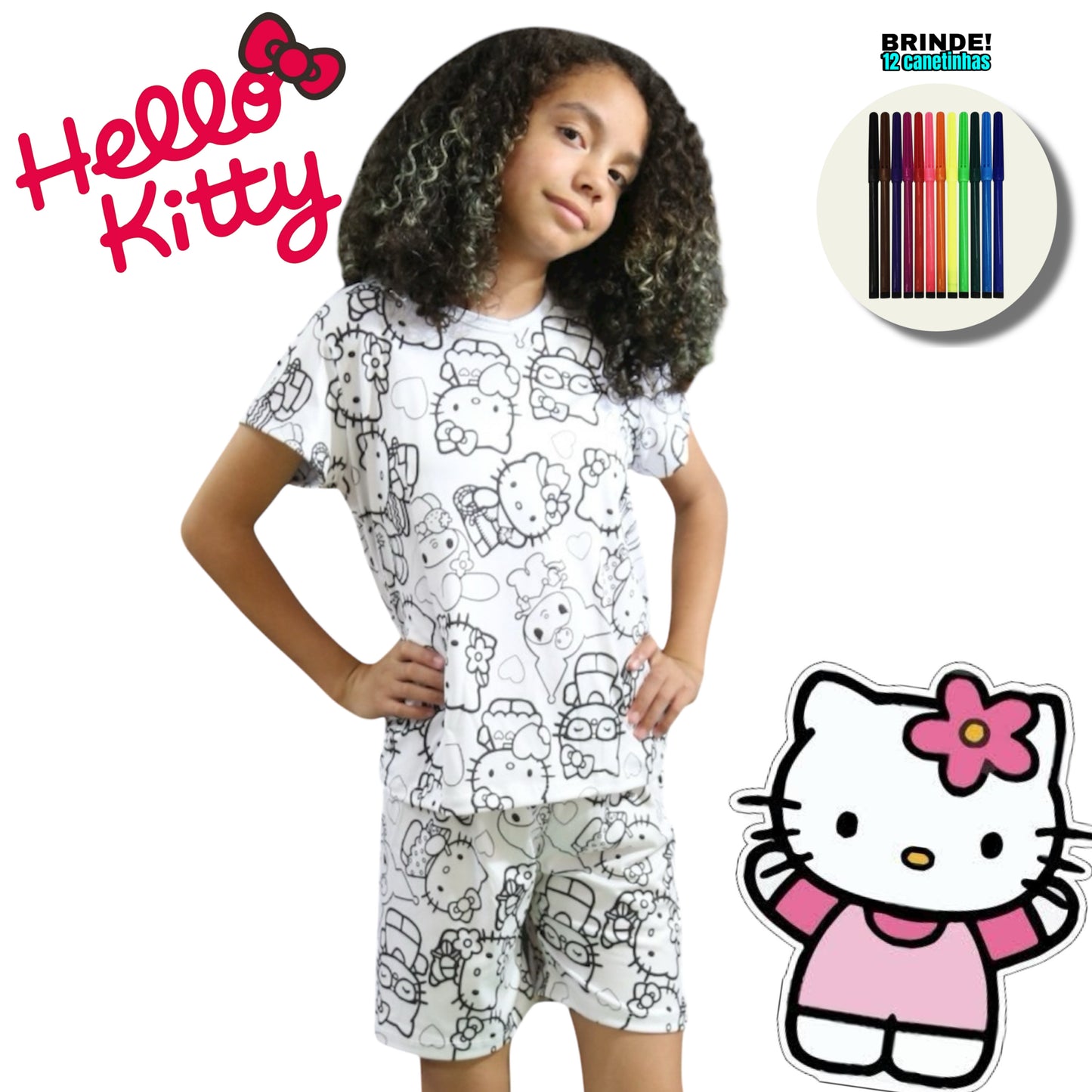 Pijama Infantil Manga Curta Hello Kitty Unissex