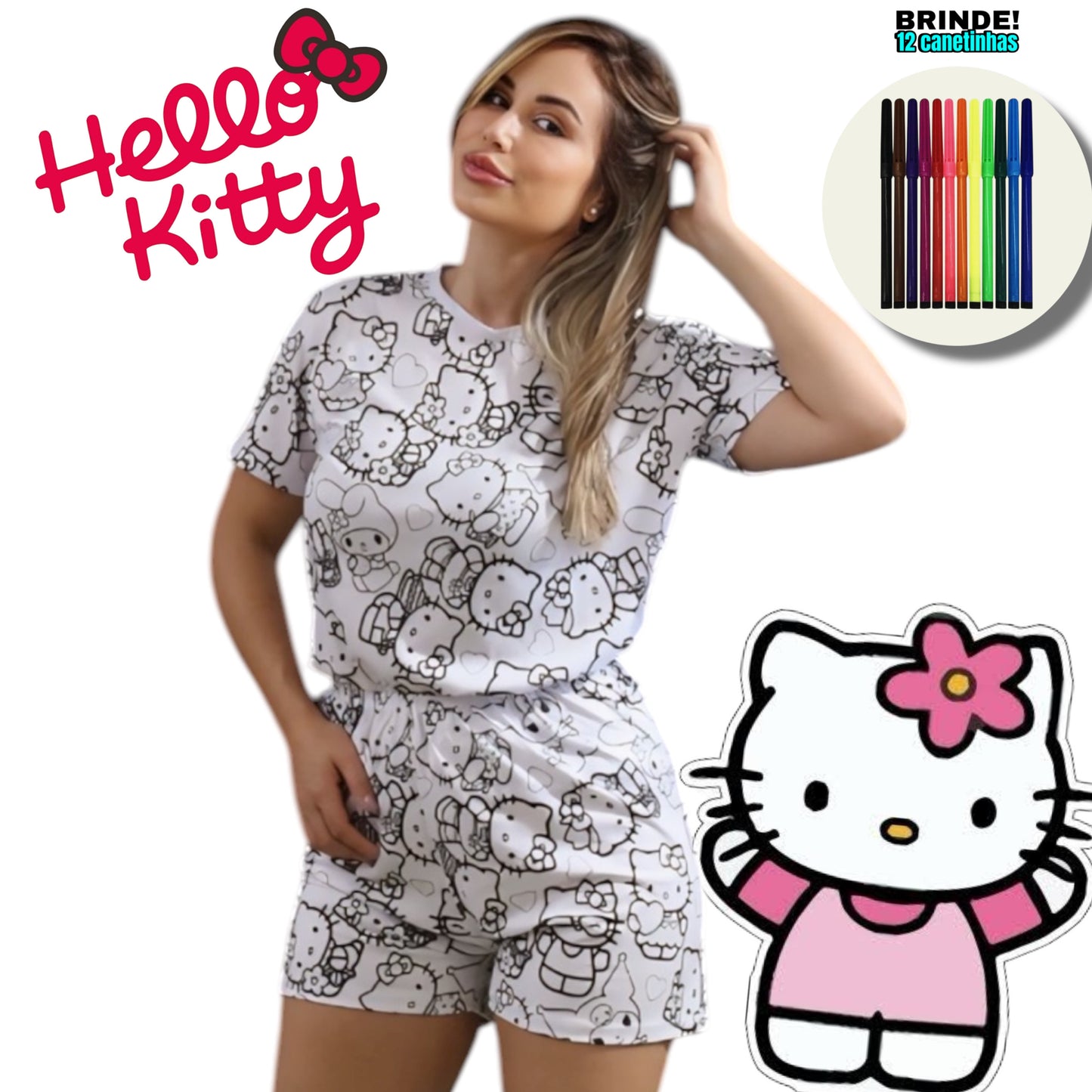 Pijama Adulto Manga Curta Hello Kitty Unissex