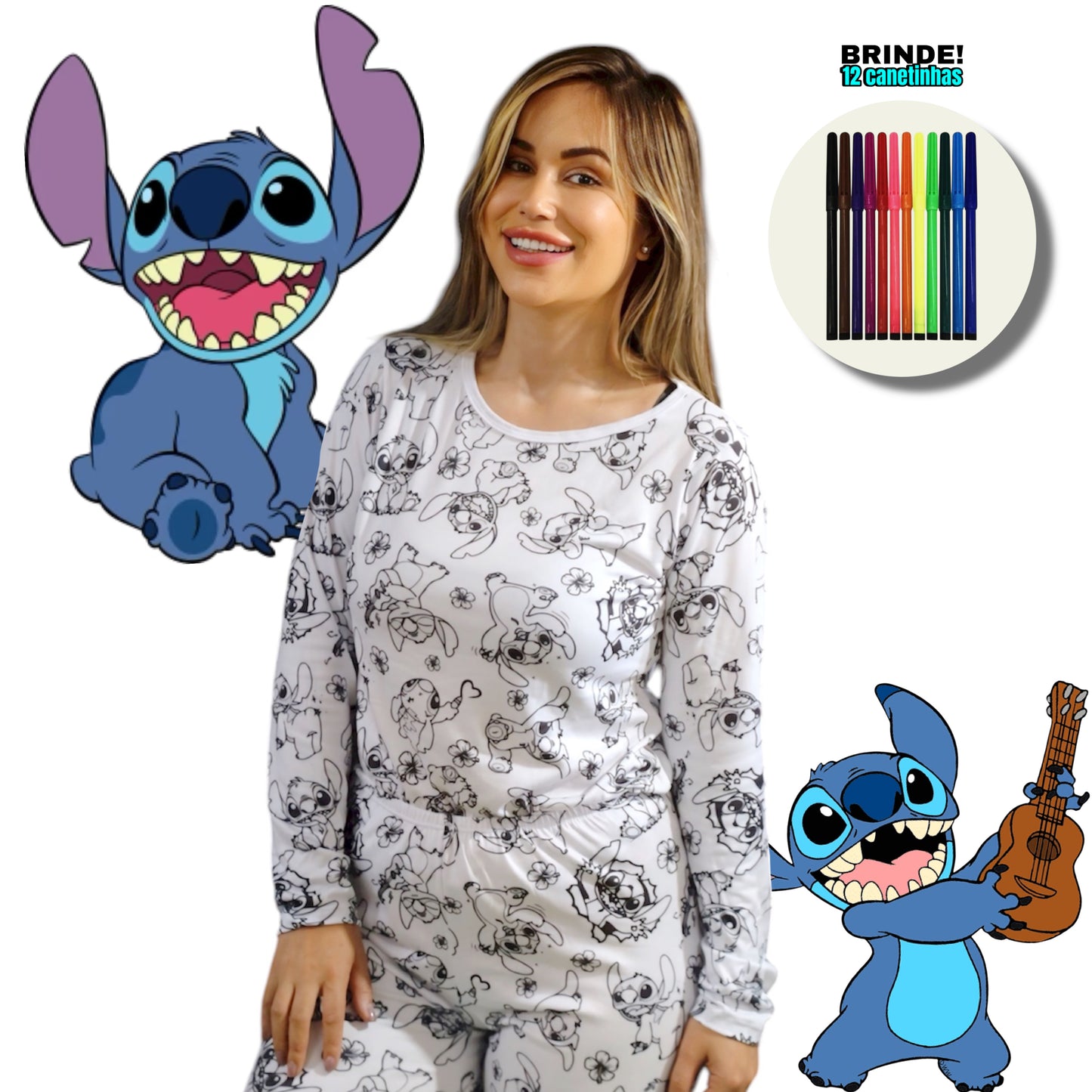 Pijama Adulto Manga Longa Stitch Unissex