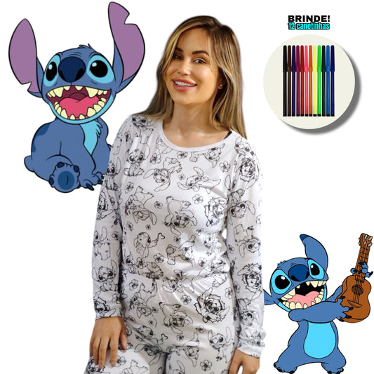 Pijama Adulto Manga Longa Stitch Unissex
