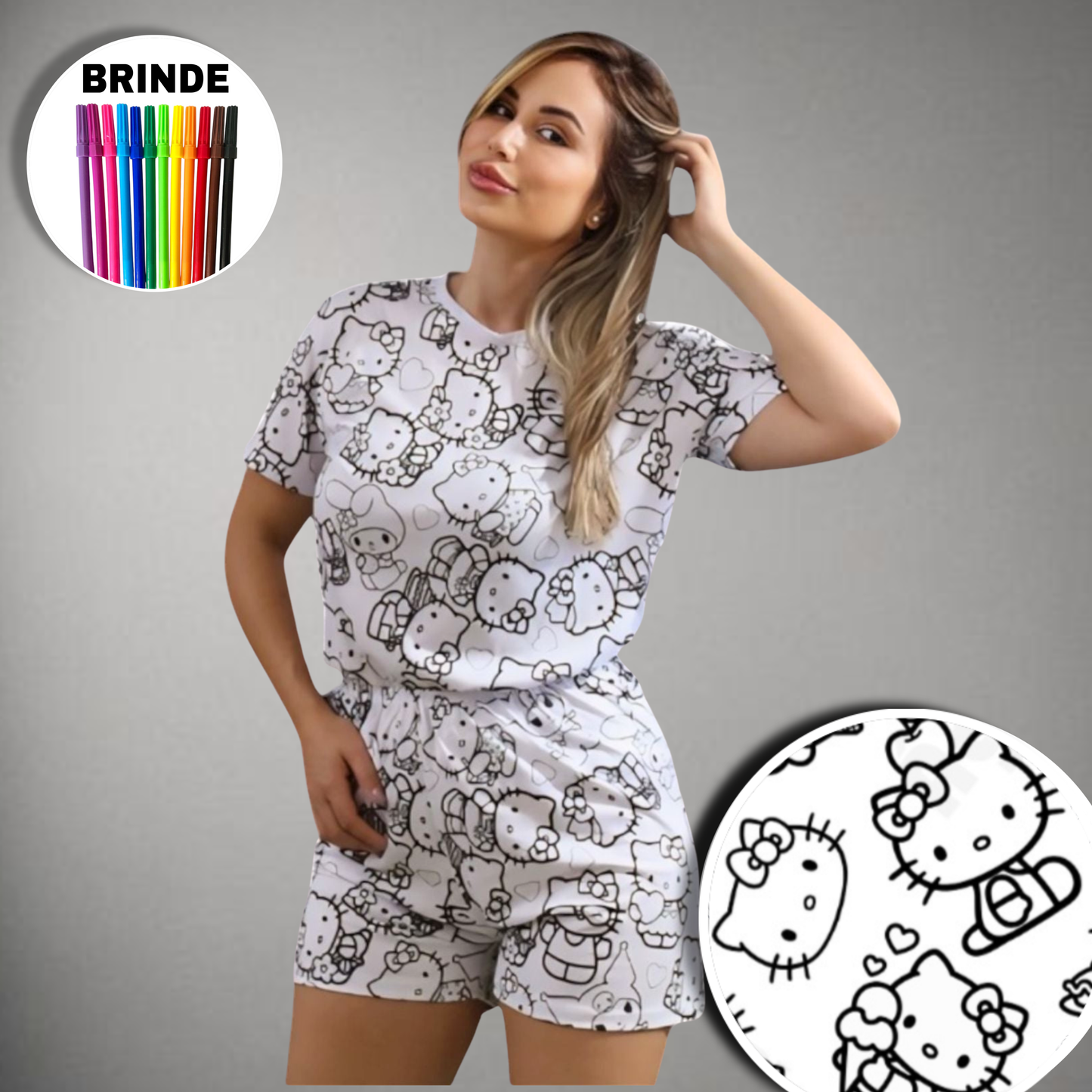 Pijama Adulto Manga Curta Hello Kitty Unissex