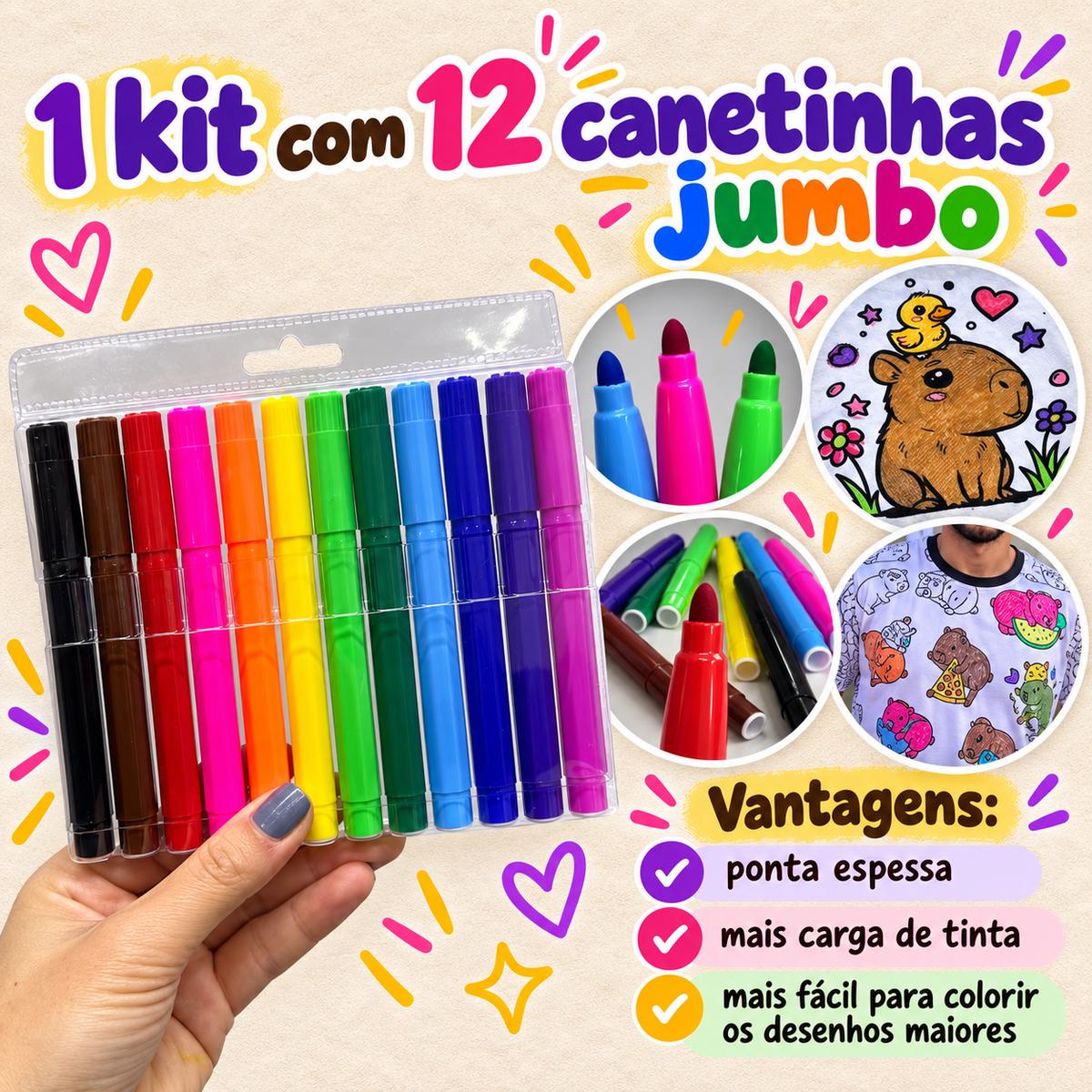Kit Experiência 60 Canetinhas Laváveis para Pijama de Colorir