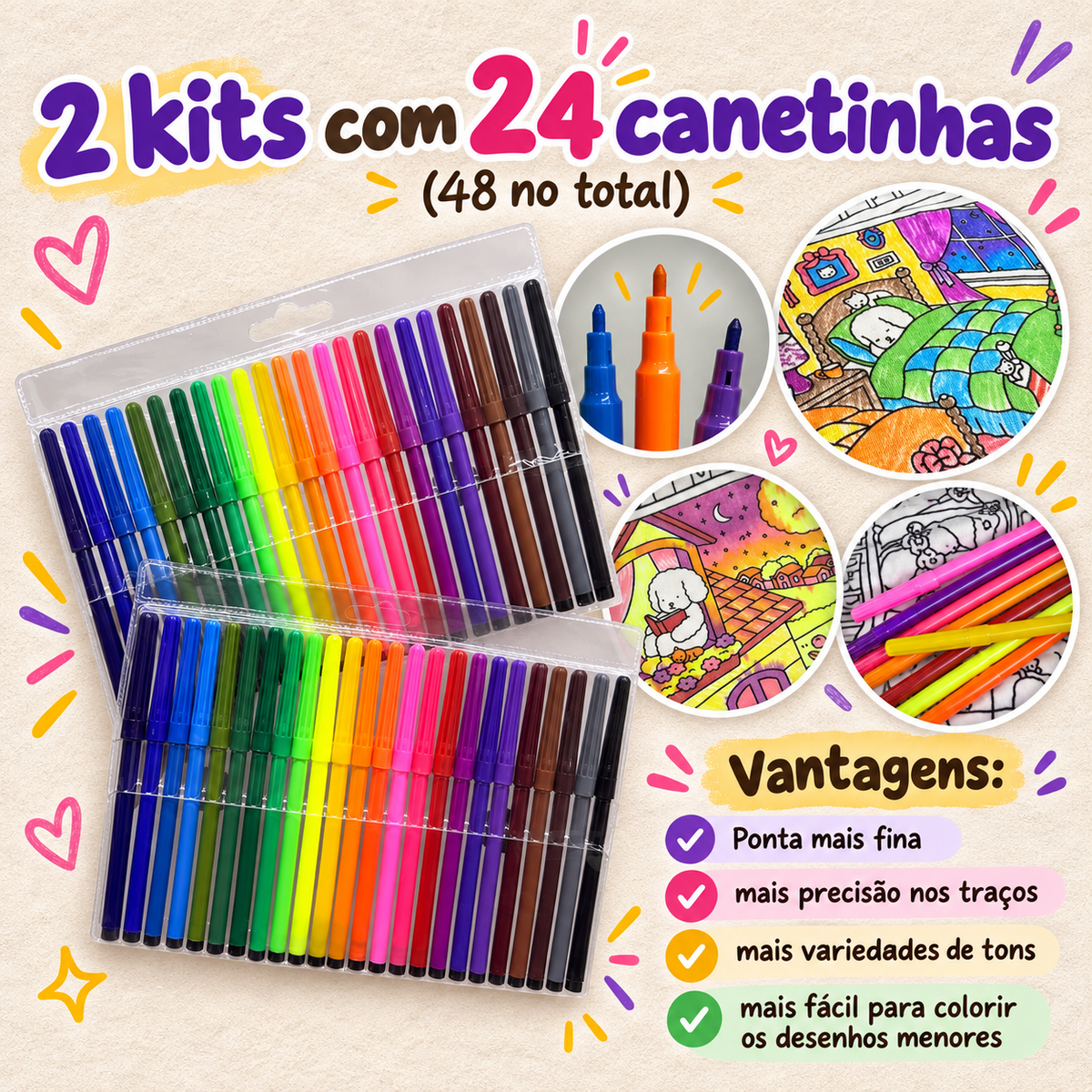 Kit Experiência 60 Canetinhas Laváveis para Pijama de Colorir